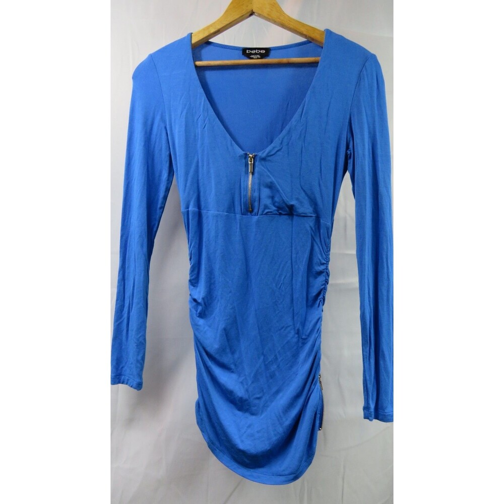 BEBE long sleeve Zip-sides Ruched Bodycon Mini Dress Blue | Size XS